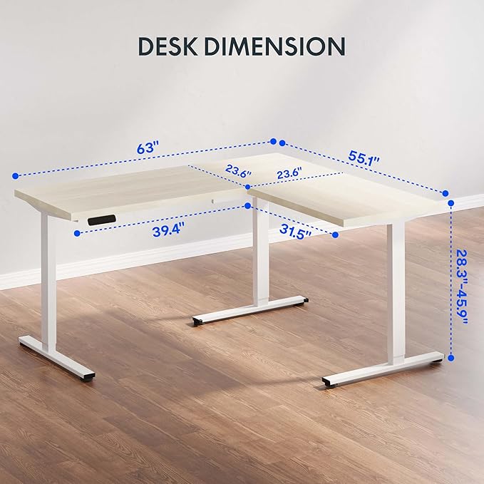 FLEXISPOT L Shaped Standing Desk, 63 x 55 Inch Electric Height Adjustable Corner Desk, Sit Stand Computer Workstation, Preset Controller, Home Office, White Frame with Maple Top, White Drawer