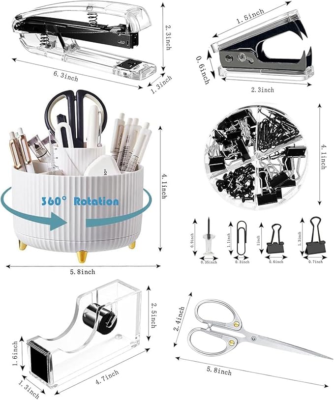Gawsey Desk Organizers and Accessories Set with 360-Degree Rotating Pen Holder, Acrylic Stapler, Tape Holder, Staple Remover, Binder/Paper Clips Kit, Scissor and 1 Box of Staples