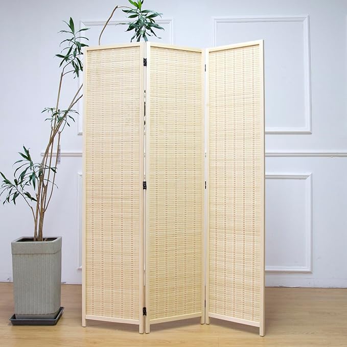 Furnnylane 3 Panel Room Divider and Folding Panel Screen,Bamboo Panel Divider Screen for Room Separation,Beige,67" H x 46" W
