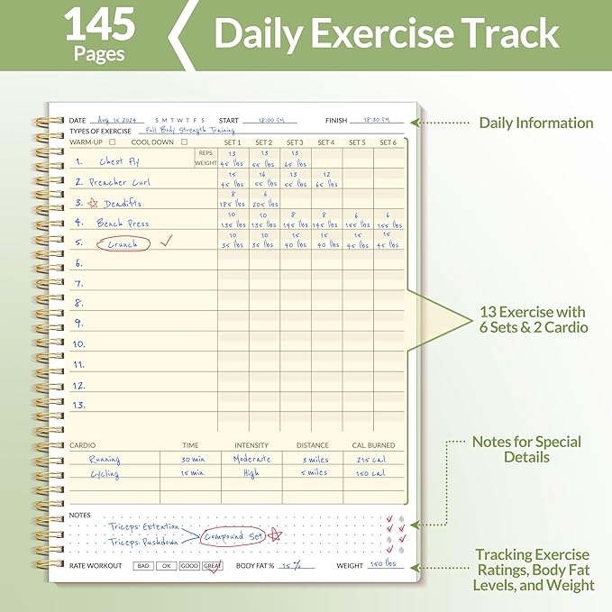 Fitness Journal Workout Planner for Women & Men, A4 (8.5" x 11") Workout Journal Log Book Planner Gift for Track Gym Essentials, Home Workouts, Track Progress, Achieve Wellness Goals, Green