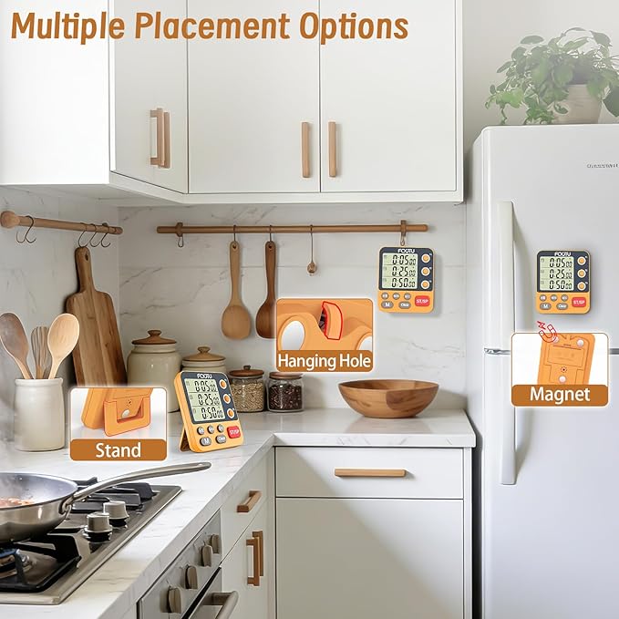 FCXJTU Digital Dual Triple Kitchen Timer, 3-Channel Magnetic Countdown Timer for Cooking, Large Display Stopwatch Multi Food Classroom Timer Loud Alarm for Seniors Teachers Battery Included (Orange)