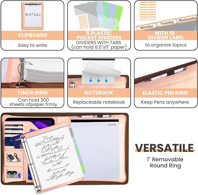 KLLVE Leather Padfolio Portfolio with Clipboard Storage, Removable 3 Ring Binder 1 Inch Zipper Binder, Document Organizer for Women Men with Notepad, 5 Pocket Dividers, Pen Holder, Rose Gold