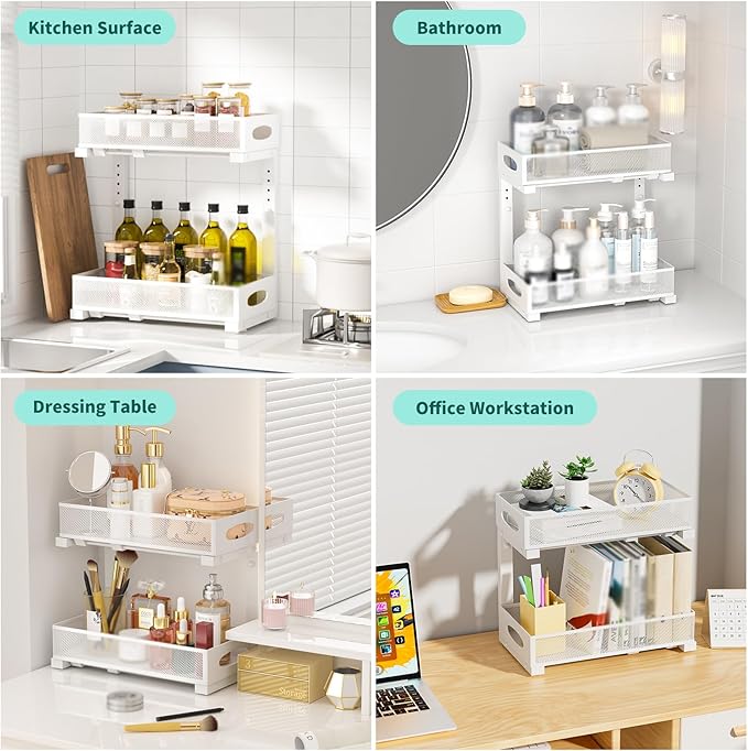 Beleeb Under Sink Organizer, 2 Pack 2 Tier Metal Slide Out Pull Out Cabinet Organizer Shelf, Height Adjustable Organization and Storage Series, Bathroom/Desktop/Cabinet/Kitchen organization, White