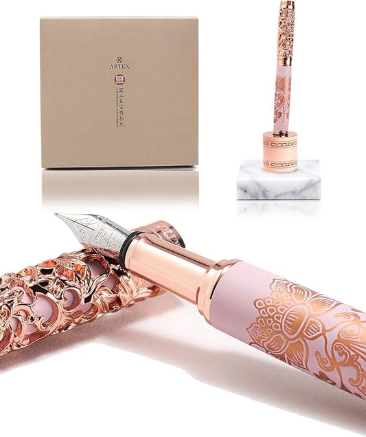 ARTEX Luxury Fountain Pen Set With Stand - Museum Art Collections - Crafting Timeless Beauty - the Best Gift & Office Desk Decor, German SCHMIDT Fine Nib, Solid Metal & Marble Texture