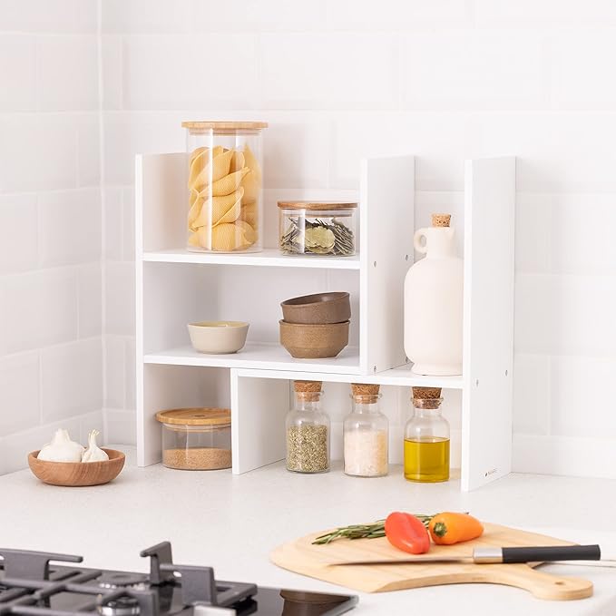 Navaris Desk Organizer Shelf Unit - Desktop Shelves for Table or Countertop - Free-Standing Adjustable Bamboo Shelving for Kitchen or Office - White
