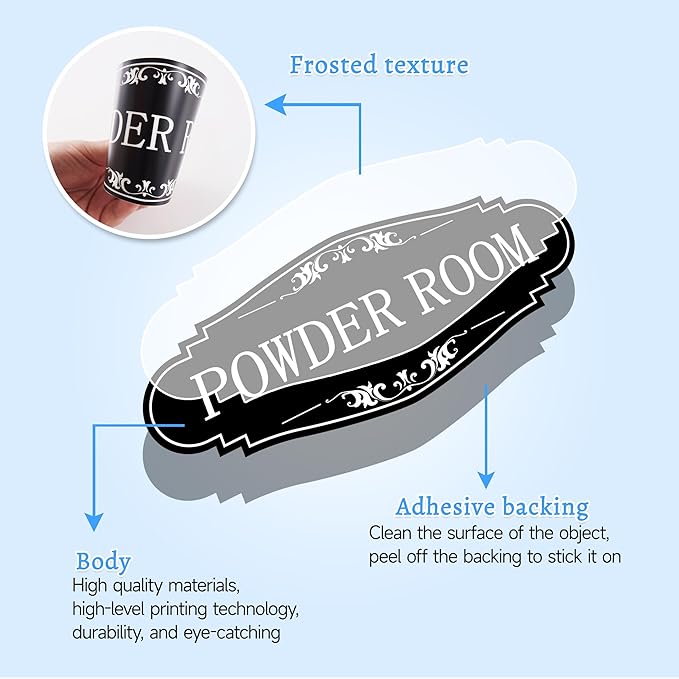 Powder Room Sign Sticker for Business and Home，Self-adhesive Cute Powder Room Door Decor，Waterproof Guest Bathroom Decals for House，Office，Shop