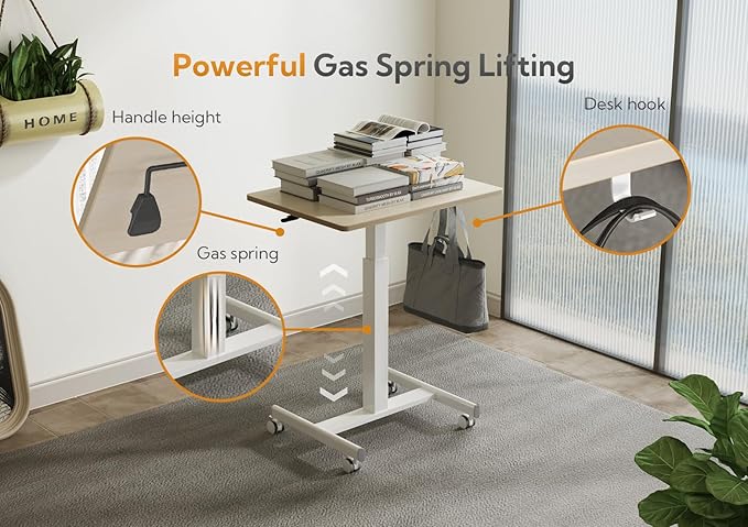 YDN Mobile Mobile Standing Desk, Adjustable Height Portable Laptop Desk with Lockable Wheels, 25.5" x 18.8" Rolling Desk with Hook for Computer Workstation, Natural