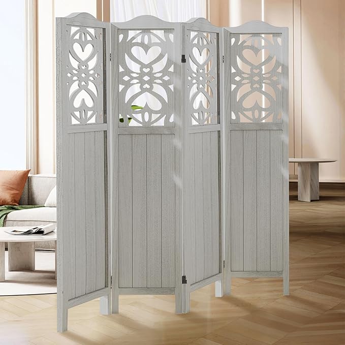 ALeesing 4 Panel Room Divider Fully Assembled, Carved Room Dividers and Folding Screens, 5.6Ft Wood Room Divider Screen Freestanding Partition Wall Dividers for Home Bedroom Office, Rustic White
