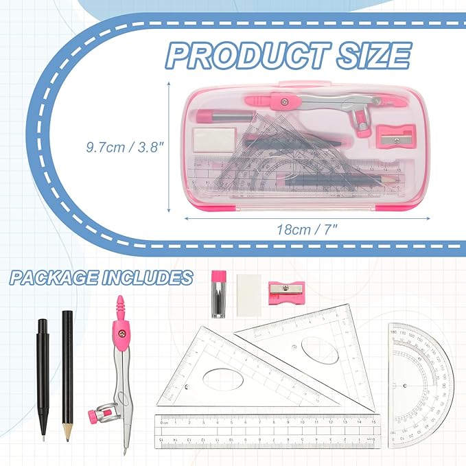 PATIKIL Geometry Precision Tool Set, 11 Pcs Geometry Set Compass Tool with Shatterproof Storage Box Rulers Math Compass Kit for Math Drafting Supplies, Rose Red(Style 2)