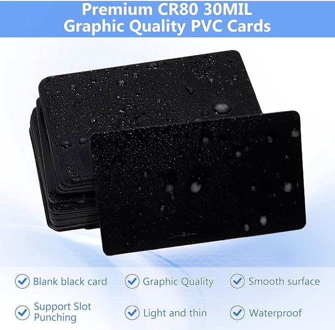 55 Pack - Premium Blank PVC Cards for ID Badge Printers - Premium Quality Black CR80 30 Mil (CR8030) by KLMNDUO - Compatible with Most Photo ID Badge Printers(Black)