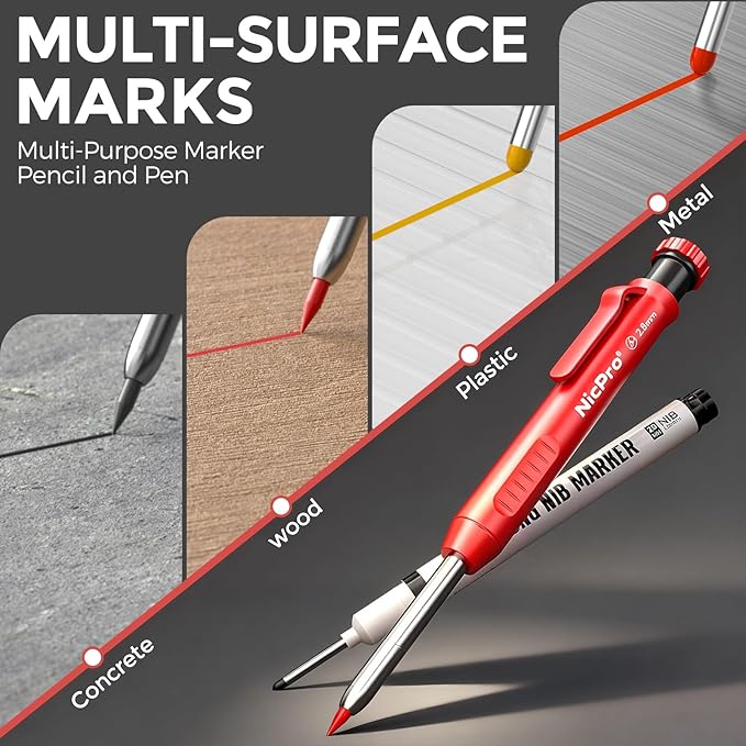 Nicpro 2 Pack CP1000 Carpenter Pencil with Sharpener, Mechanical Carpenter Pencils with 26 Refills, Deep Hole Long Nib Marker Pens for Construction, Heavy Duty Woodworking Pencil for Architect Marking