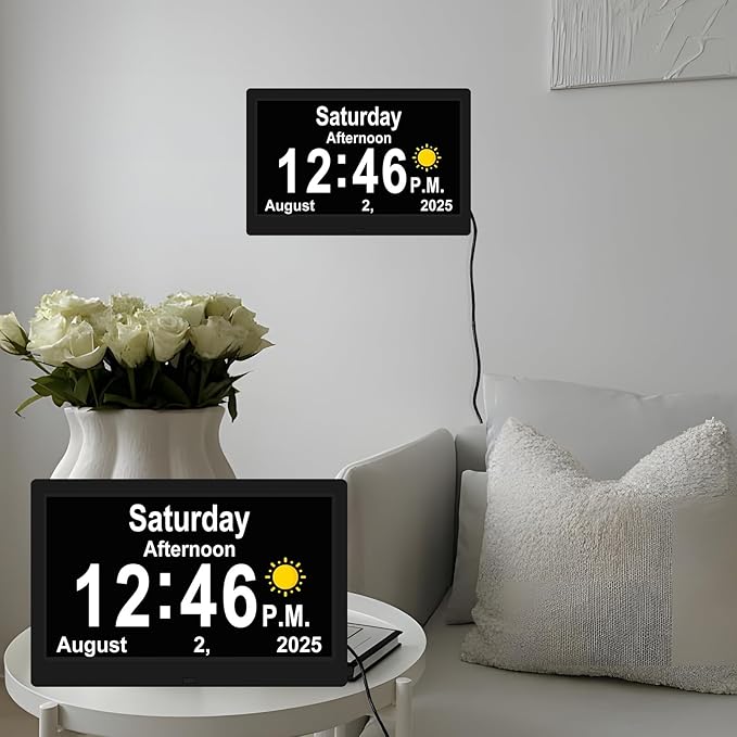SSYA Dementia Clocks with Day and Date for Seniors,13 Alarms Custom Reminders, Extra Large Digital Calendar Clock for Elderly. (Black)