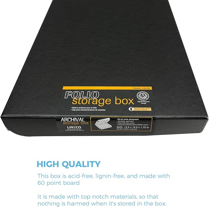 Lineco Folio Storage Box, Clamshell Design with Metal Edge. 13.5x19.5x1.75 Inches, Archival Boxboard, Preserve Photos, Cards, Magazines, Documents, Art, Ephemera, Family Records, Black, Pack of 1