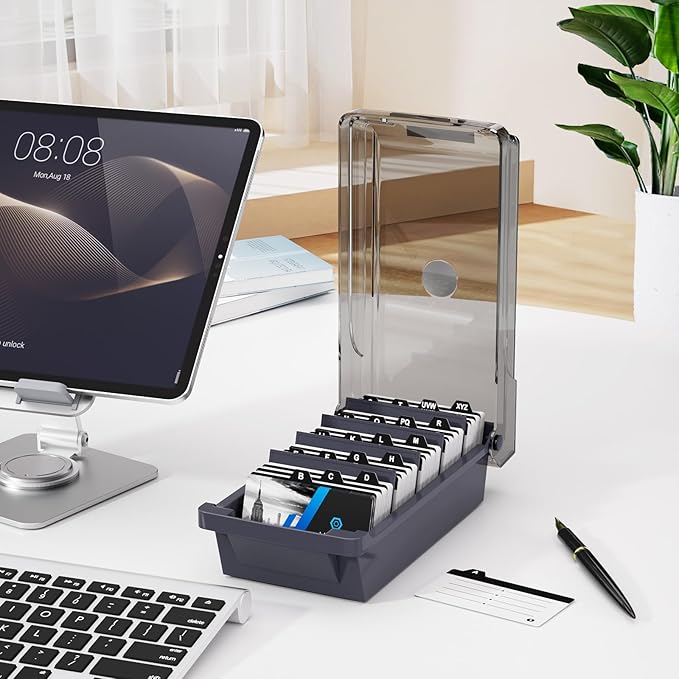 MaxGear Business Card Holder Desk, Large Plastic Business Card Organizer Box with Lid, Credit Cards Holder File Storage Case for Office & Home, Holds 500 3.5” x 2.2” Cards with A-Z Index Tabs, Gray