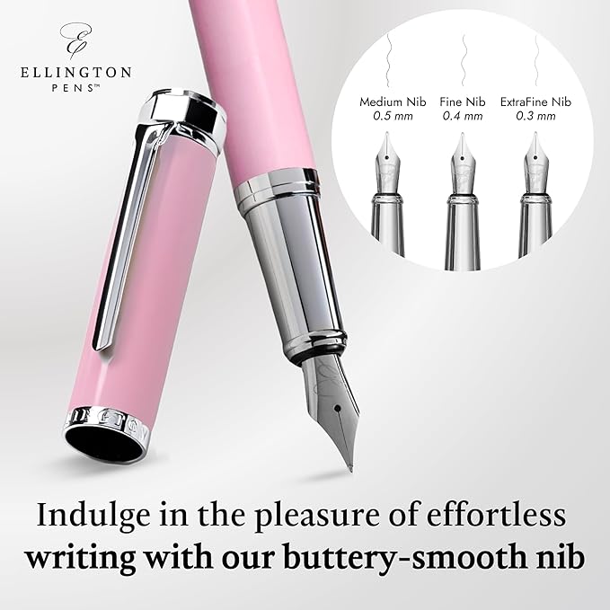 Ellington Pens Luxury Fountain Pen Set - Smooth Medium Nib - Includes 3 Ink Cartridges, Refillable Ink Converter, Gift Box - Fountain Pens For Writing, Calligraphy, Journaling, Sketching (Rosy Flair)