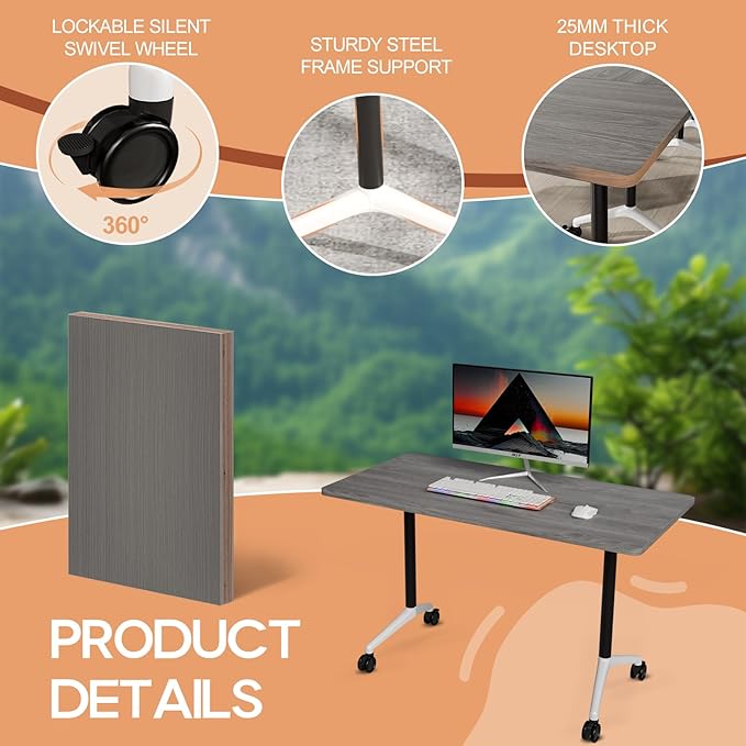 Folding Conference Table 4ft 5ft, Foldable Office Meeting Desk for 6 People, Multiple Sizes Colors Mobile Conference Room Table for Training Room School Business Furniture (4, Grey, 63in)