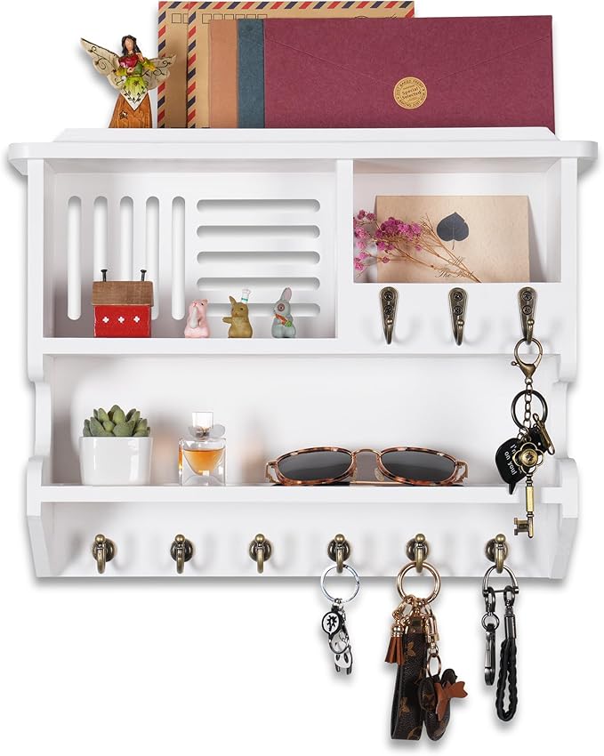Mutsault Key Holder for Wall, Mail and Key Holder for Home Decor, Key and Mail Holder for Wall with Key Hooks, White