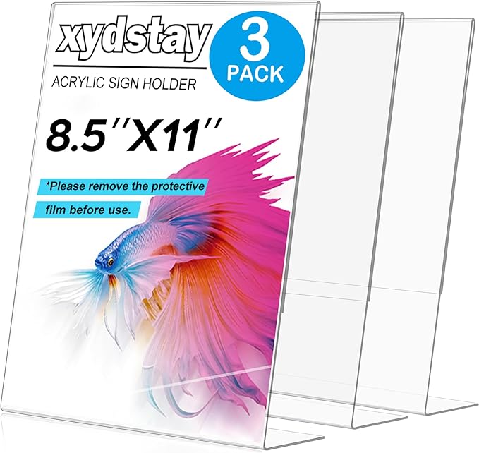 xydstay 3 pack 8.5x11 Acrylic Sign Holder for Picture Frames, L Shape Clear Plastic, Plastic Sign Holder,Menu Holder, Unbreakable Table Sign Holder for Restaurant, Office, School, Store and Home Use
