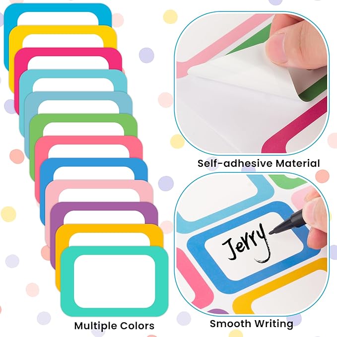 Name Tags,240 Pcs Name Tag Stickers for Classroom 2"x 3"Waterproof Name Labels for Locker&Water Bottles Adhesive Labels for Preschool,Classroom,Teacher,Party,& Home Decor (White+Multi-Color)