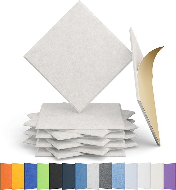 Amantech 12 Pack Acoustic Panels Self Adhesive Sound Proof Foam, High Density Sound Acoustic Panel, 12X12X0.4 Inch Square Panels in Home, Office, Reccording Room, Studio,and more(Beige)