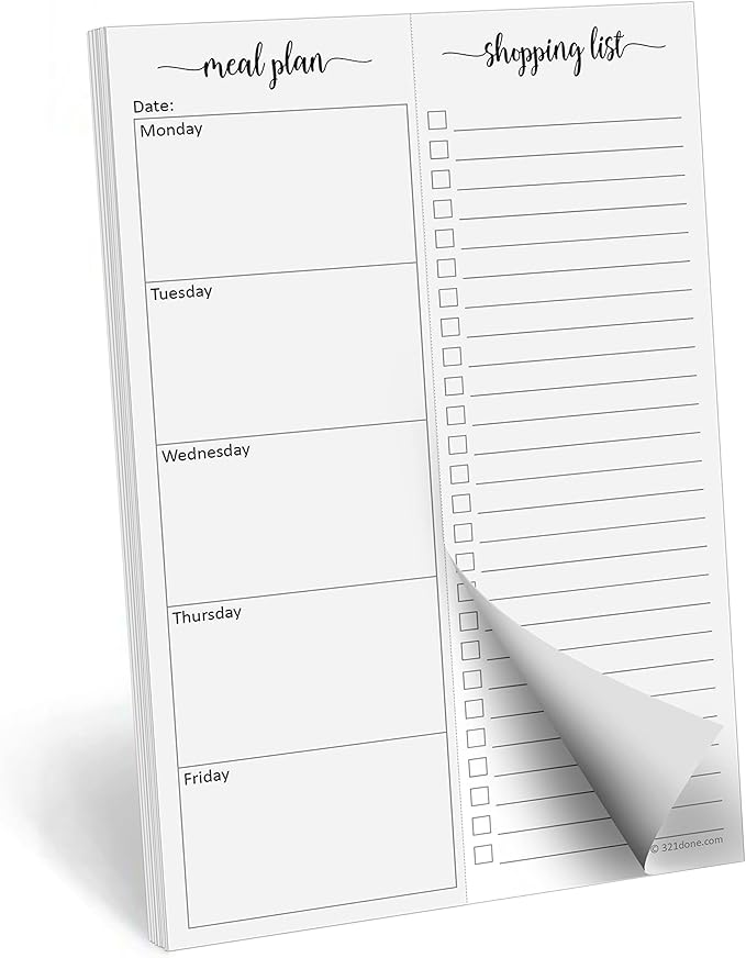 321Done Magnetic Meal Planning Pad, 5.5x8.5, Made in USA, M-F Weekly Menu Planner & Grocery List for Refrigerator, Perforated Tear Off Checklist (50 Pages), Thick Paper, Strong Magnet for Fridge