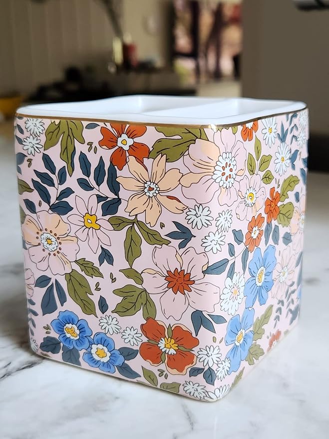 LEAZUL Pen Pencil Holder, Makeup Brush Holder,Ceramic Remote Control Holders Organizer with 2 Compartment Floral Multi-functional Office Organizers Storage Caddy Desk Tv Remote Holders Pink Flowers