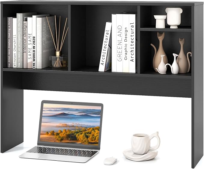 Tangkula Desktop Bookshelf, Countertop Storage Hutch with 4 Shelves for Computer Desk, Desktop 2-Tier Display Rack, Multipurpose Wood Desk Hutch Storage Organizer for Dorm Office Home (Black)