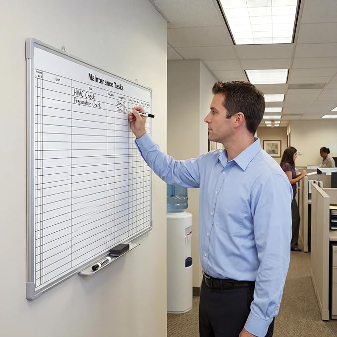 Lined Whiteboard Blank Grid Aluminum Frame Dry Erase Board Reusable Wall Mounted Board for Scheduling, to Do Lists Weekly Planning Home Work (36 x 24 Inch,Horizontal Maintenance Tasks)