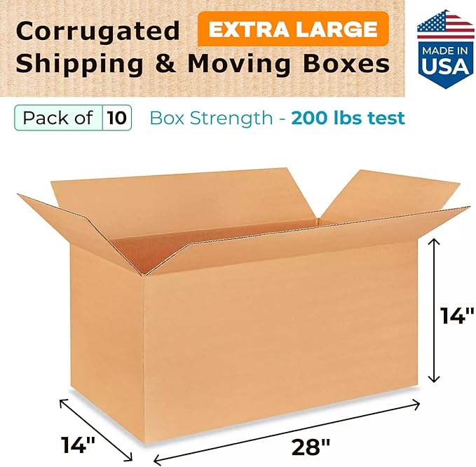 Extra Large Shipping & Moving Boxes 28x14x14 inches (10-Pack) - Extra Strength 200 lb vs Regular - Corrugated Durable Packing Boxes - Large Moving Box - Cardboard Box for Moving by IDL Packaging