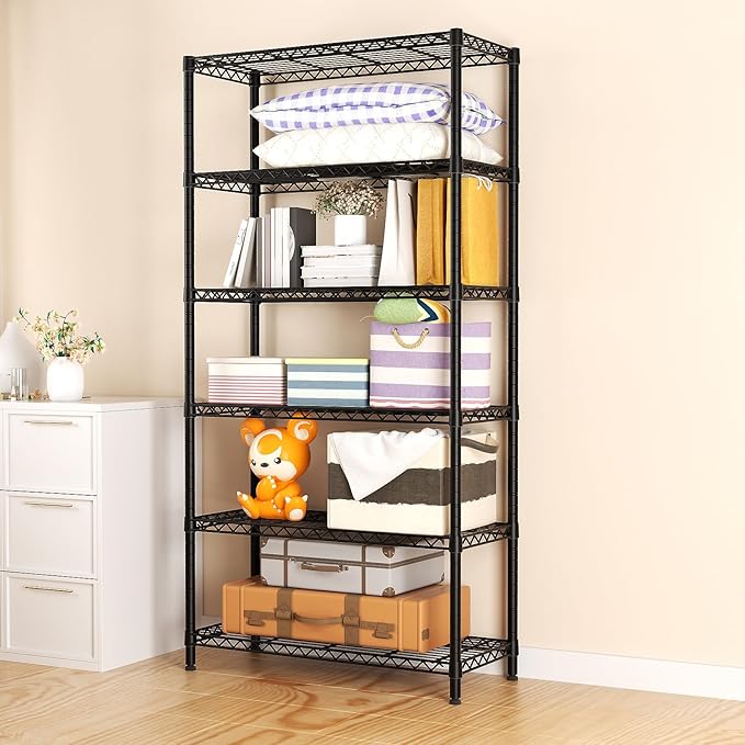 SINGAYE 6 Tier Shelf Organizer Storage Metal Shelves Garage Wire Shelving Unit Pantry Rack Shelves Bathroom Organizers and Shelf Closet Metal Kitchen 36" Dx14 Wx72 H Black