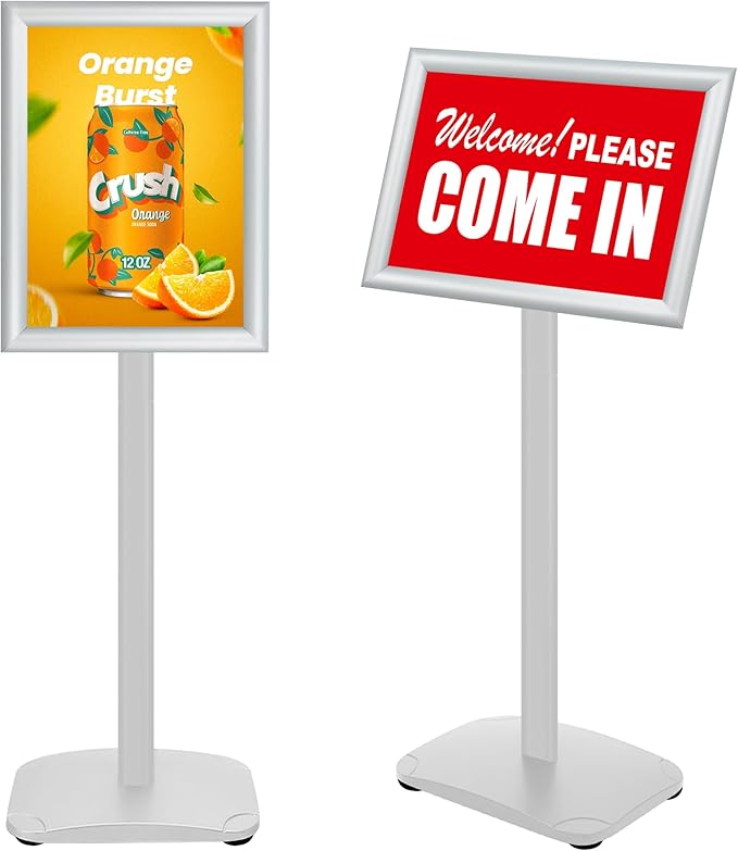 VAIIGO Heavy Duty Standing Sign Holder 8.5x11 Inch - Pedestal Floor Sign Stand with Weighted Base - Vertical & Horizontal View Poster/Menu Holder for Indoor/Outdoor Business Store Advertising, Silver