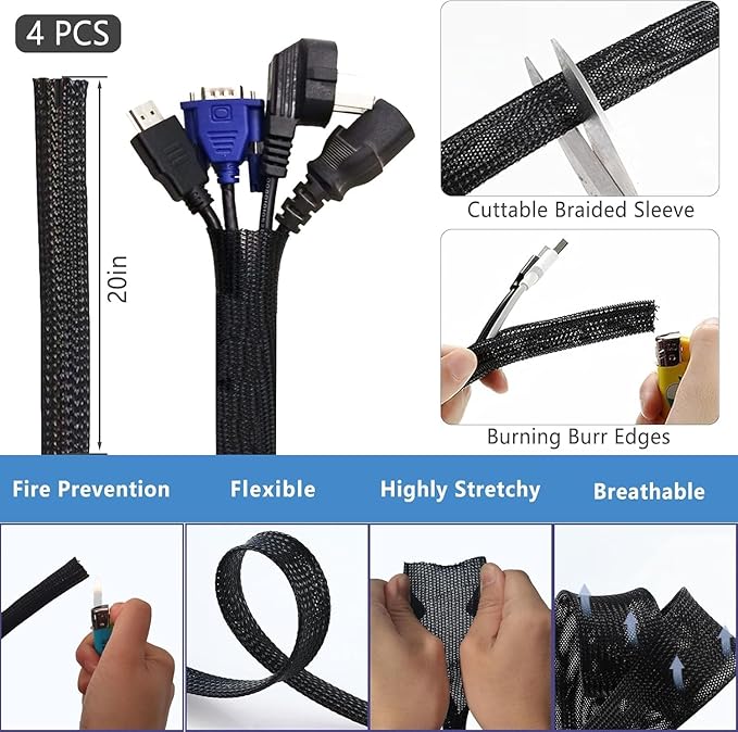 ELII 300PCS Cable Management Kit,4 Cable Sleeve 35 Cable Clips with 11Cord Holders,20 Roll Cable Organizer Straps and 200 Fastening Cable Ties,20 Cable Zip Tie Mounts for Under Desk