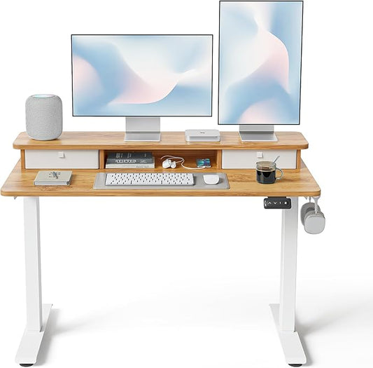 FEZIBO 48'' x 24'' Standing Desk with Double Drawers, Adjustable Desk, Home Office Stand Up Table with 4 Height-Adjustable Feets & 2 Hooks, Light Rustic