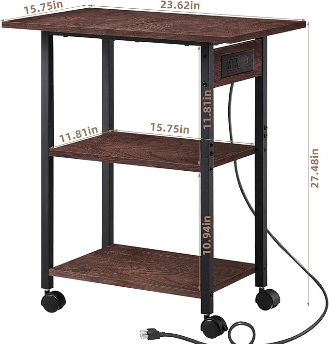 Lerliuo 3-Tier Printer Stand with Charging Station, Industrial Mobile Printer Table with Storage Shelf and Steel Frame, Rolling Printer Cart Holder with Lockable Wheels for Home, Office (Walnut)