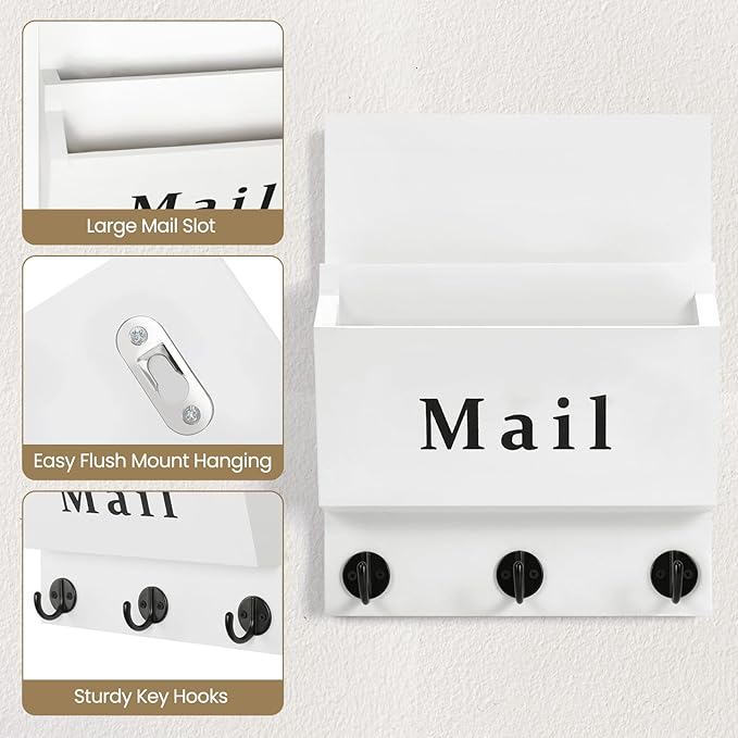 Lucundm Mail and Key Holder - Decorative 8.86" x 11.42" Wall Key Hanger with 2 Mail Organizer Slots and 3 Hooks - Real Paulownia Wood with Keyhole Brackets, Hardware and Instructions (White)