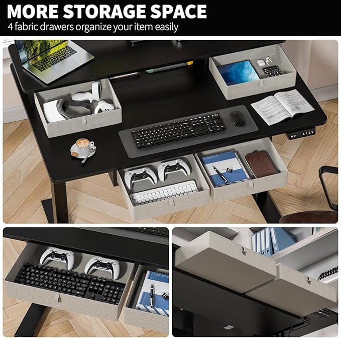 Kingant 48 x 30 Inch Electric Standing Desk with 4 Drawers, Adjustable Height Computer Desk for Home Office, Large Workstation Sit Stand Up Desk with Built-in USB A/C Charging Ports, Black
