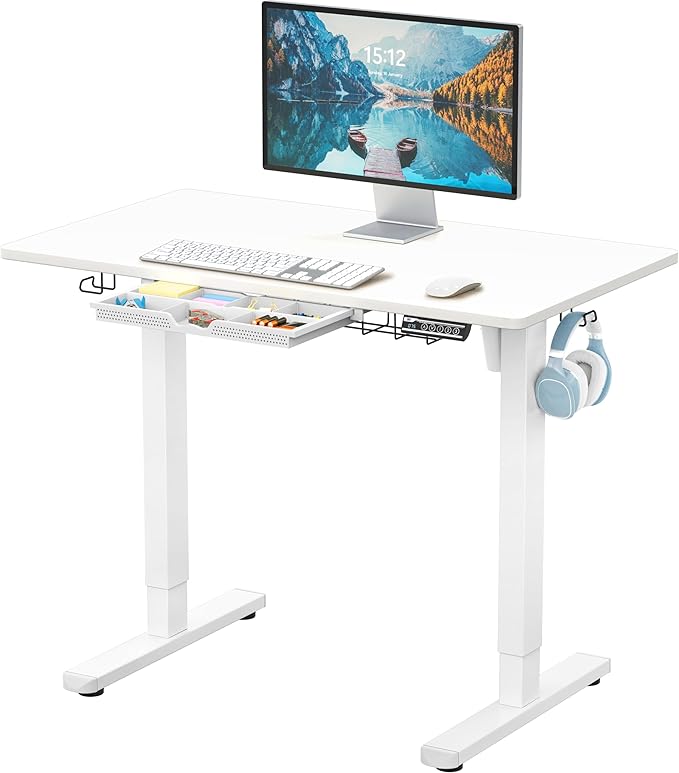SHW 40-Inch Electric Height Adjustable Standing Desk with Drawer, Memory Preset and Cable Management Tray, White