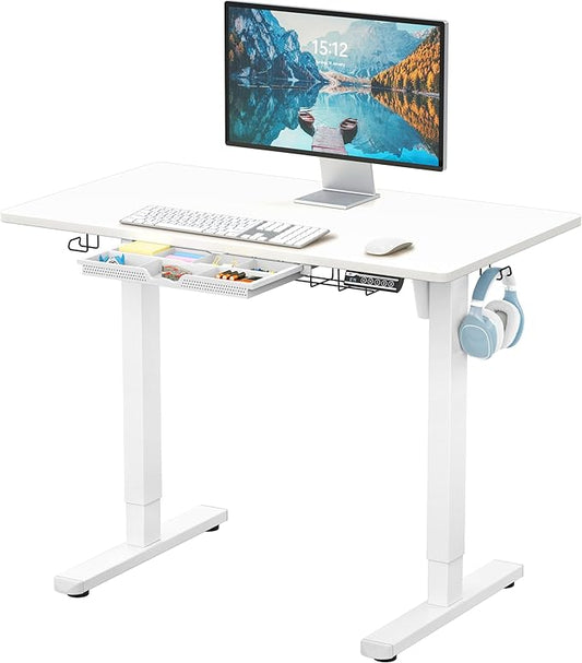 SHW 40-Inch Electric Height Adjustable Standing Desk with Drawer, Memory Preset and Cable Management Tray, White