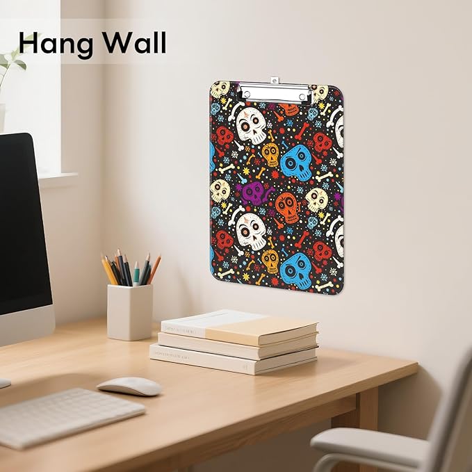 Luminzo Plastic Cute Clipboard Low-Profile Metal Clip, A4 Letter Size 9 x 12.5 in, 8.5 x 11 Paper Clip Board for Teachers, Nurses, Classroom,Cute Skulls