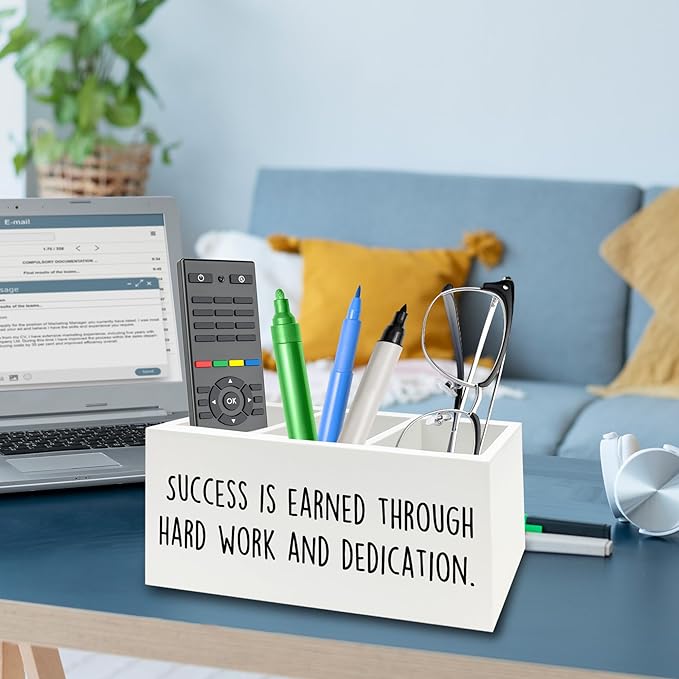 QZQE Motivational Gifts Pen Pencil Holder Organizer for Desk, Success Is Earned Through Hard Work and Dedication Inspirational Wooden Box Signs Decorations for Home Office Desk Tabletop