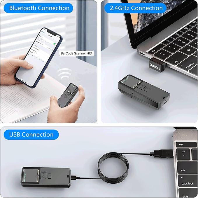 Mini Portable 1D Wireless Barcode Scanner, Bluetooth and 2.4Ghz and USB All in one Laser Barcode Scanner Wireless for Store, Warehouse POS, Computer, Tablet, iPad, iPhone,iOS, Android