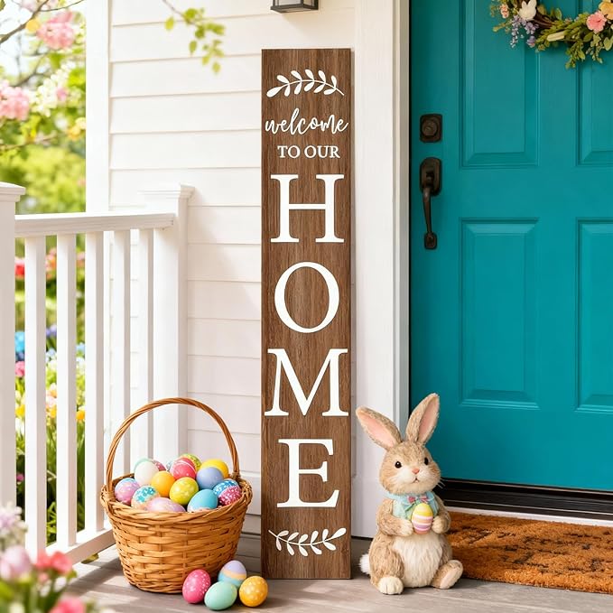 Welcome Sign for Front Porch, 47" Large Wooden Welcome to Our Home Sign Door Hanging Standing Plaque, Farmhouse Vertical Outdoor Porch Decorations for Yard Patio Entrance (Natural)