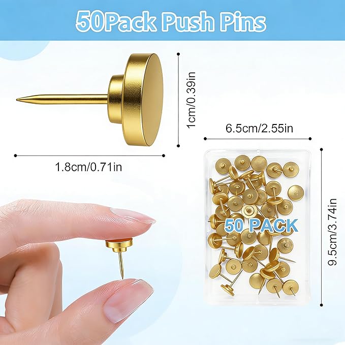 50Pcs Gold Metal Push Pins for Bulletin Board, Flat Thumb Tacks, Heavy Duty Pushpins for Cork Board Photos Wall Travel Maps Poster Picture Hanging, School Office Home Decorative