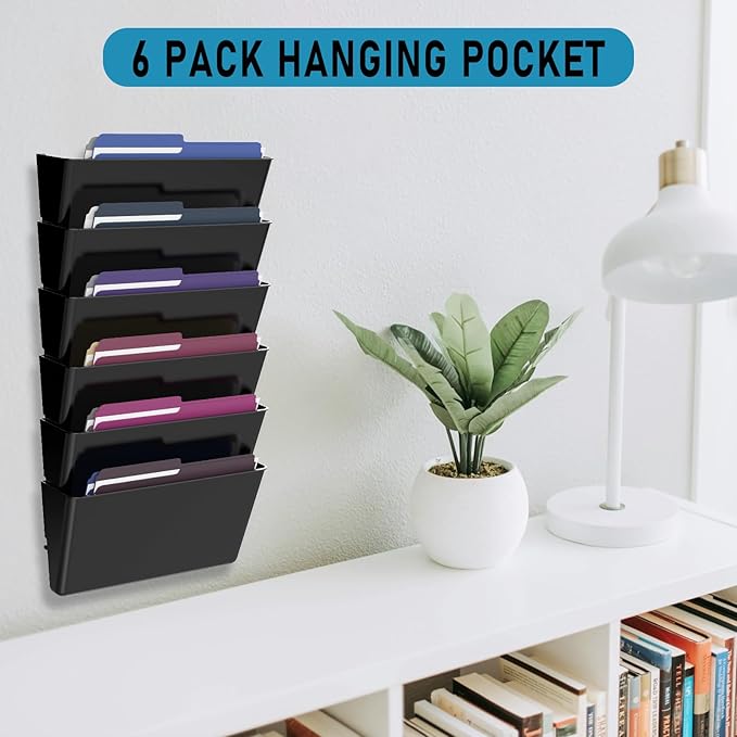 MINDEPOT 6 Pockets Acrylic Wall File Organizer, Clear Wall File Holder, Plastic Hanging Wall File Holder for Office, School and Home, Black