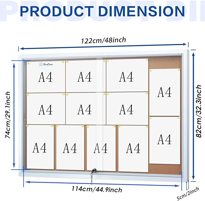 SWANCROWN Glass Enclosed Bulletin Board 48"x32", Locking Cork Board with Sliding Glass Doors for Indoor Use