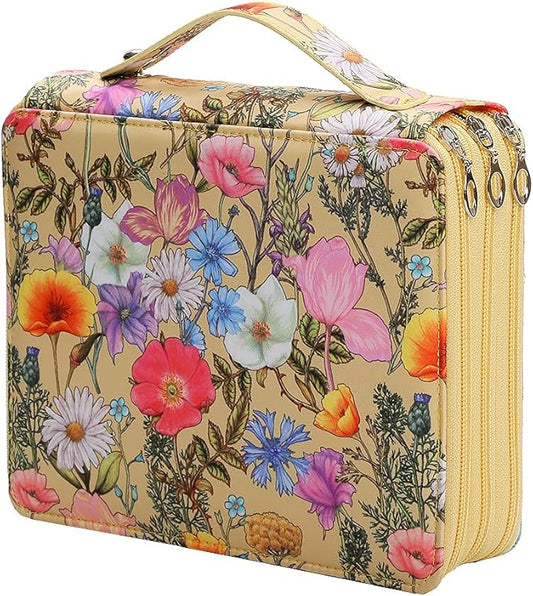 Vomgomfom Colored Pencil Case - 124 Slots Pencil Holder with Zipper Closure Twill Fabric Large Capacity Pencil Case for Watercolor Pens or Markers, Pencil Case Organizer for Artist (Yellow Flower)