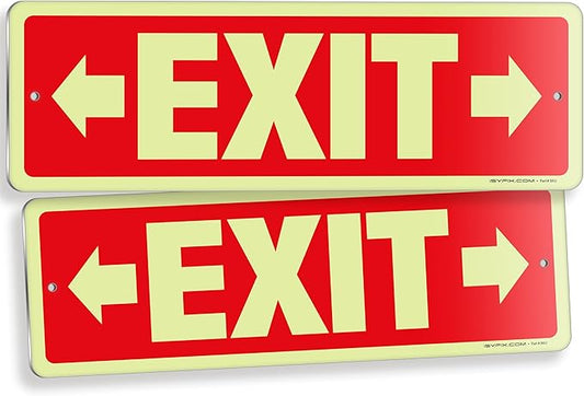 iSYFIX Exit Signs with Directional Right & Left Arrow, Glow in the Dark, Photoluminescent Aluminum 12x4 Inch - 2 Pack, Laminated for UV & Weather Resistance, Ideal for Offices, Schools, Theaters & More
