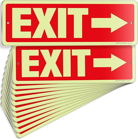 iSYFIX Exit Signs with Directional Right Arrow, Glow in the Dark, Photoluminescent Aluminum 12x4 Inch - 12 Pack, Laminated for UV & Weather Resistance, Ideal for Offices, Schools, Theaters & More