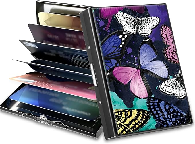 BWEGRHE Slim Credit Card Holder, Color Butterfly RFID Blocking Metal Wallet for Men & Women, Aluminum Minimalist Hard Case Pocket-Sized Business Cards Organizer (Fits Up to 10 Cards)