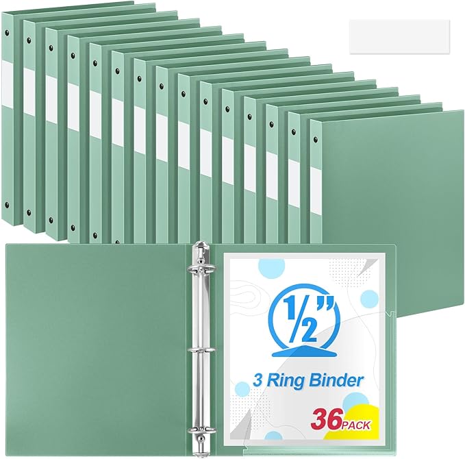 Henoyso 36 Pcs 3 Ring Binder 0.5 Inch Round Fits Letter Size 8.5'' x 11'' Paper Plastic Flexible Binder Bulk Holds 140 Sheets with 1 Pockets Versatile Organizer for Home Office School (Sage Green)